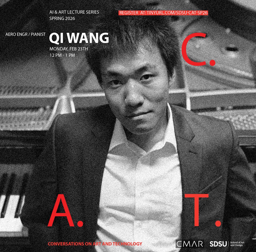 Conversations on Art and Technology lecture poster featuring Qi Wang