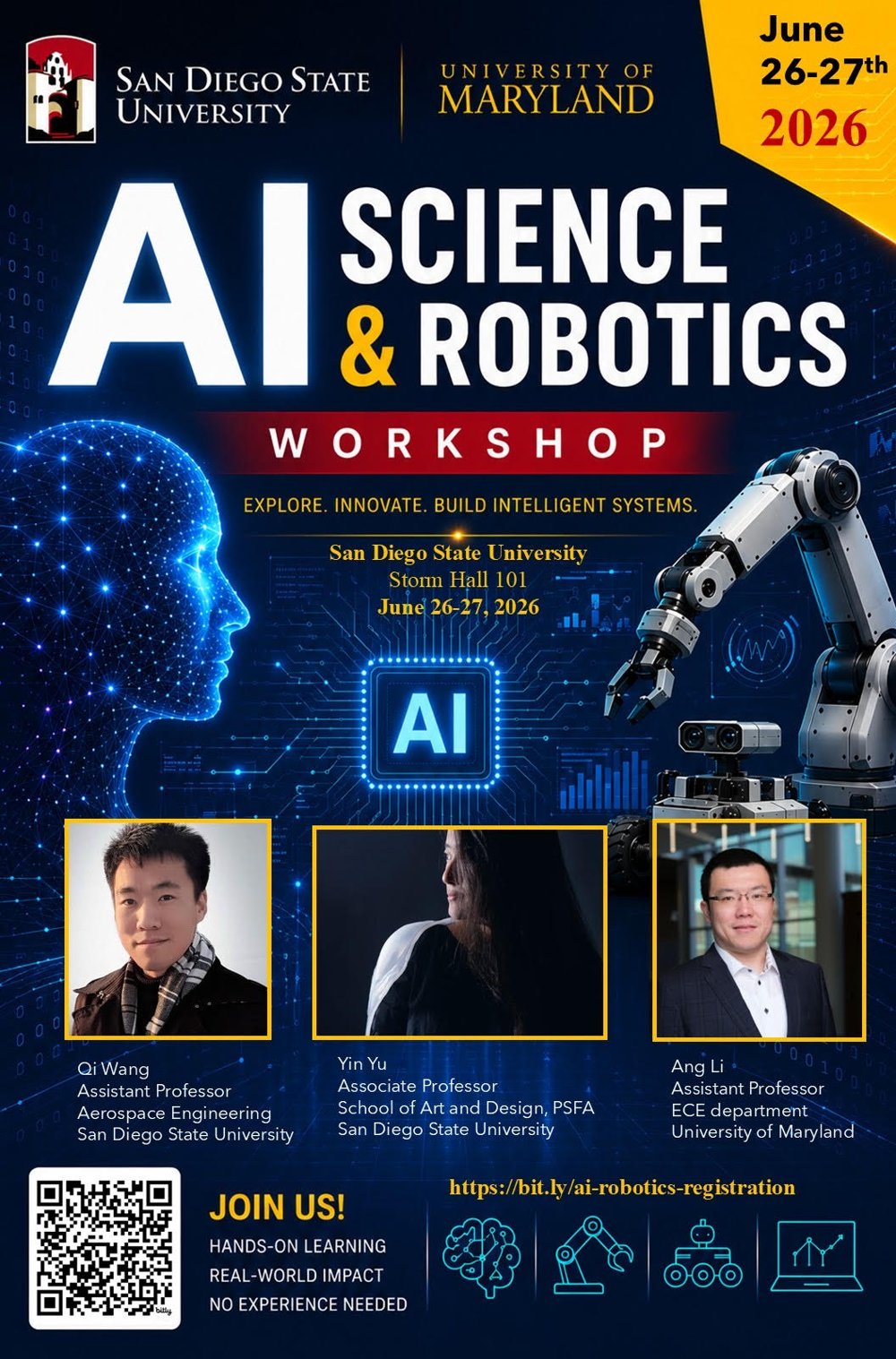 AI, Science & Robotics Workshop poster — June 26–27, 2026, SDSU Storm Hall 101